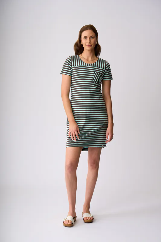 Model wearing Chocolate Seabreeze Stripe Milford Dress By Charlie Jane Available at Beetees Nelson