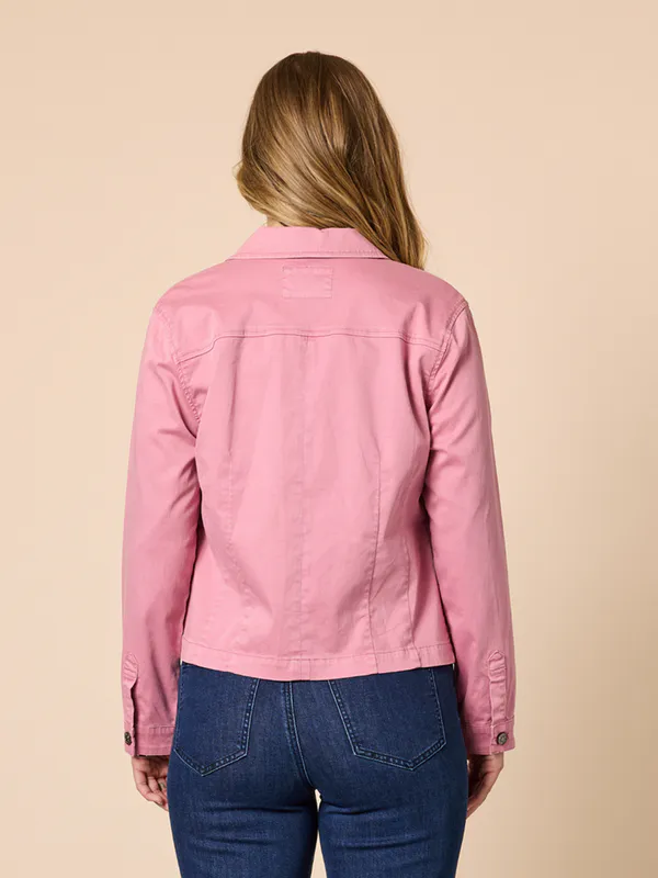 Model wearing Pink Retro Denim Jacket By Threadz Available at Beetees Nelson
