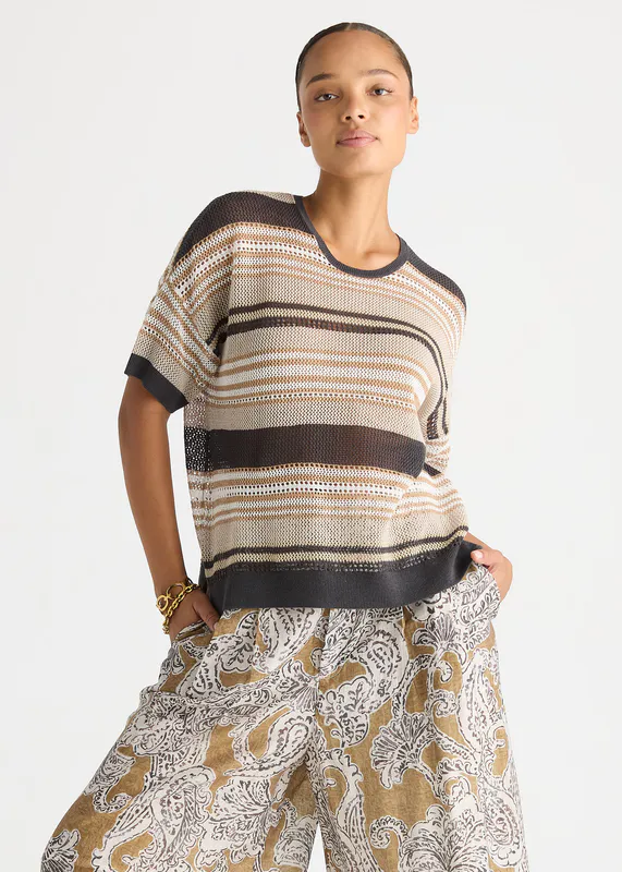 Model wearing Graphite Stripe Lace Top By LD + CO Available at Beetees Nelson