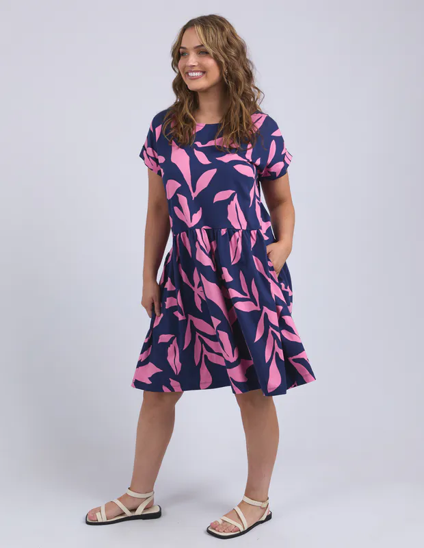 Model wearing Navy/Pink Mimosa Dress By Elm Available at Beetees Nelson