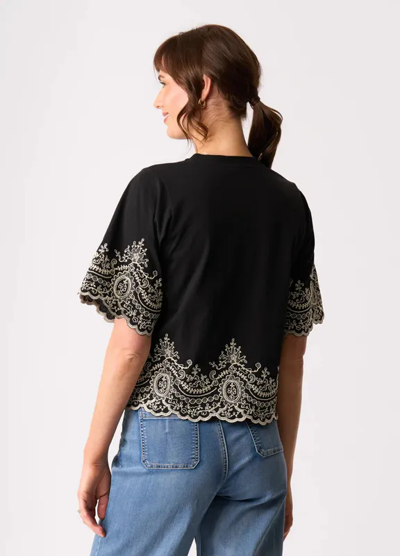 Model wearing Black Broderie Detail Top By Memo Available at Beetees Nelson
