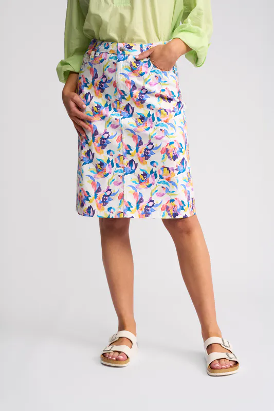 Model wearing Denim Poppy Skirt By Vassalli Available at Beetees Nelson