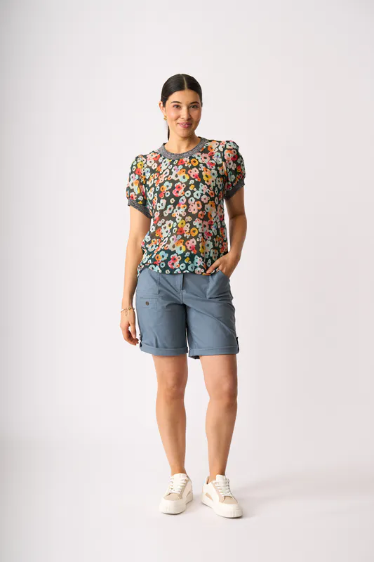 Model wearing Watercolour Floral Swing Rib Trim T-Shirt By Memo
