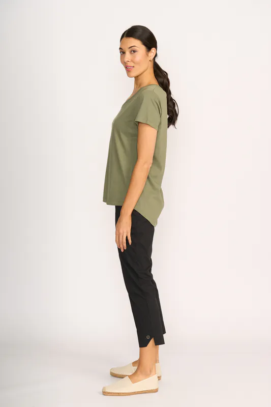 Model wearing Sage Tee - Everyday V Neck By Esplanade Available at Beetees Nelson