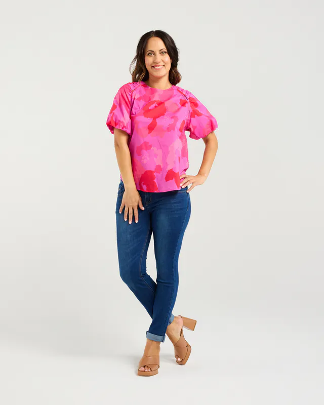 Model wearing Fuchsia Burst Andy Top By Zafina Available at Beetees Nelson