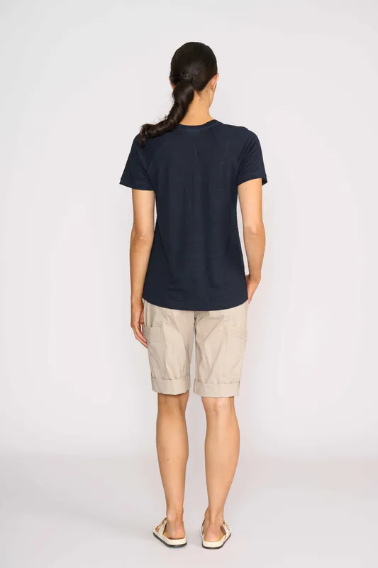 Model wearing True Navy Sew Cute Top By Foil Available at Beetees Nelson