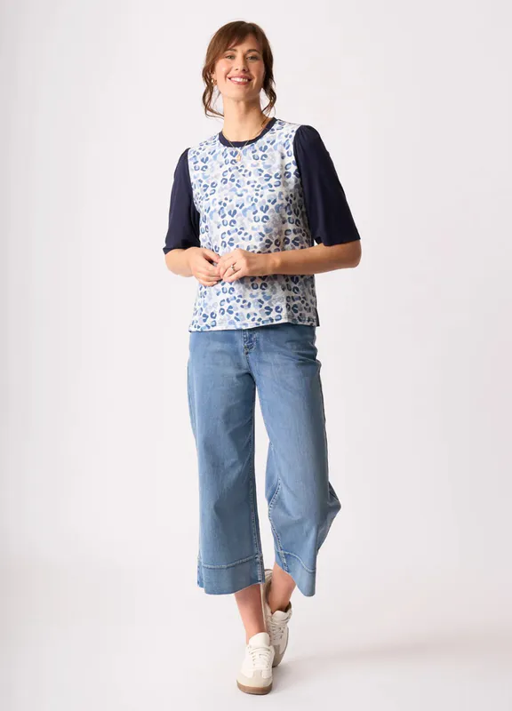 Model wearing Denim Roar Combo Elbow Sleeve Top By Memo Available at Beetees Nelson