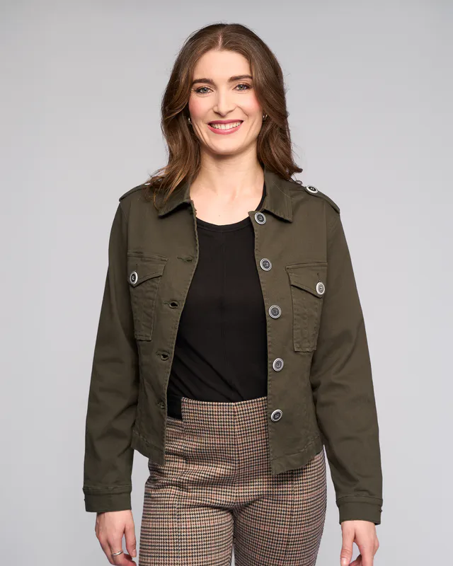 Model wearing Hunter Satellite Drill Jacket By Vassalli Available at Beetees Nelson