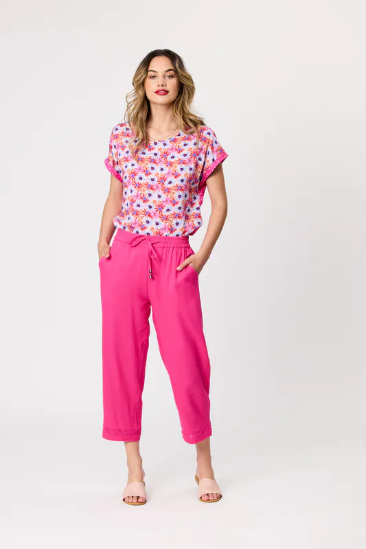 Model wearing Hot Pink Coloured Gina Broderie Trim 7/8 Pant By Democracy Available at Beetees Nelson