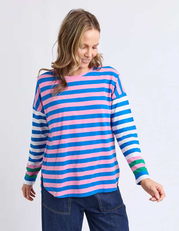 Model wearing Pink/Blue Taffy Stripe Long Sleeve Tee By Elm Available at Beetees Nelson