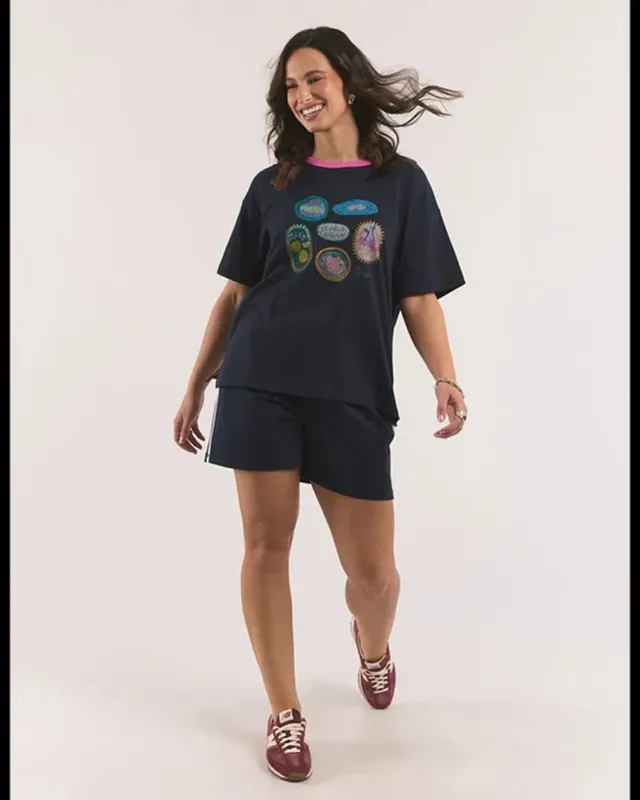 Model wearing Navy Lemon Crush Tee By Elm Available at Beetees Nelson