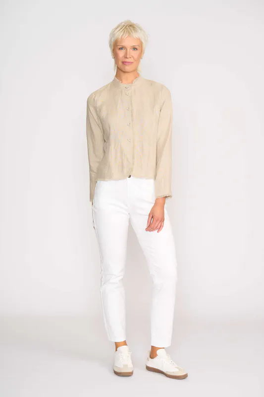 Model wearing Stone Fringe Festival Jacket By Foil Available at Beetees Nelson