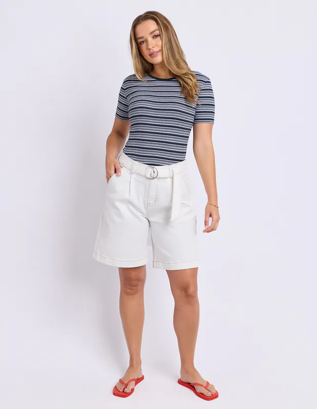 Model wearing Navy Leona Rib Top By Foxwood Available at Beetees Nelson