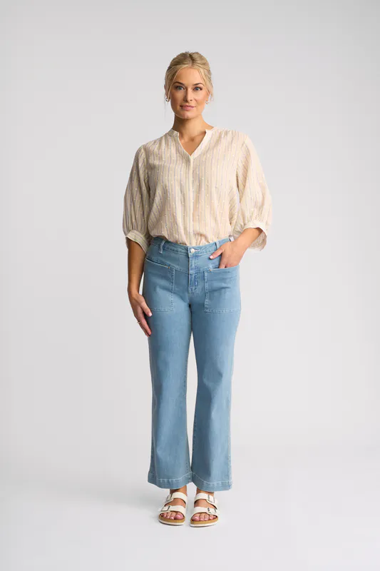 Model wearing Light Wash Denim Villa Jean By Vassalli Available at Beetees Nelson