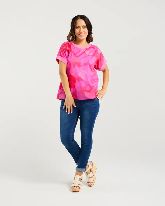 Model wearing Fushia Burst Olivia Top By Zafina Available at Beetees Nelson