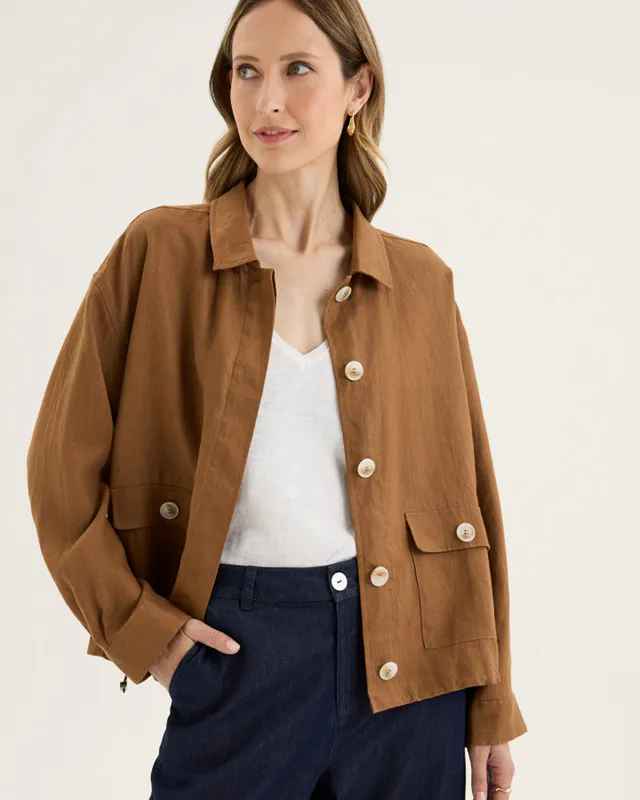 Model wearing Nutmeg Tirari Bomber By Yarra Trail Available at Beetees Nelson