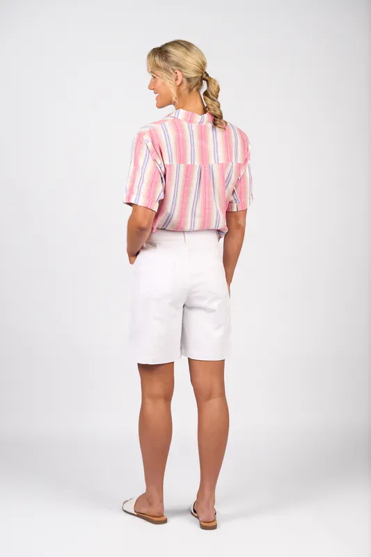 Model wearing White Denim Wide Leg Above Knee Double Pocket Short By Vassalli Available at Beetees Nelson