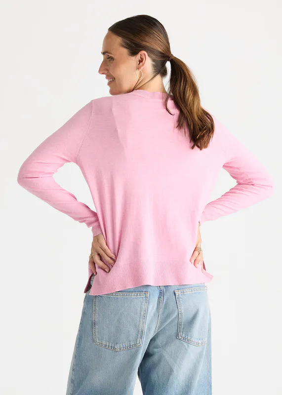Model wearing Tickled Pink Button Angle Top By Zaket & Plover Available at Beetees Nelson