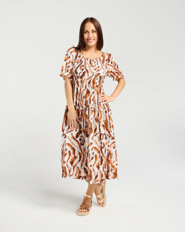 Model wearing Bronze Mist Fallon Dress By Seduce Available at Beetees Nelson