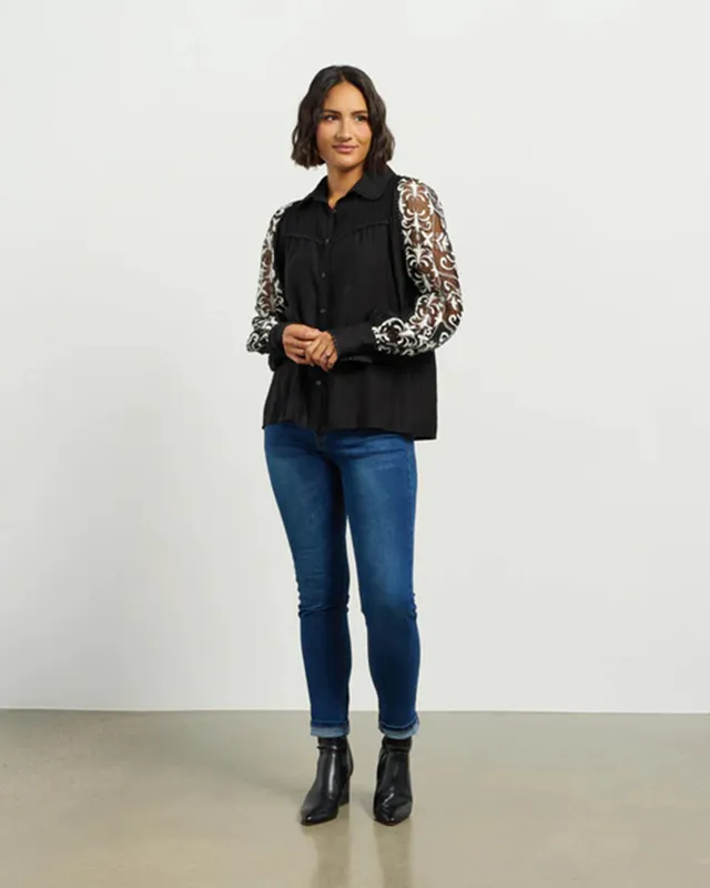 Model wearing Black/Duchess Alexis Blouse By Et Alia Available at Beetees Nelson