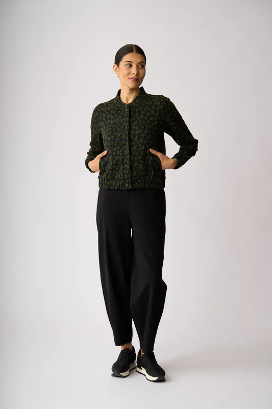 Model wearing Khaki Floral Jacquard Knit Bomber By Esplanade Available at Beetees Nelson