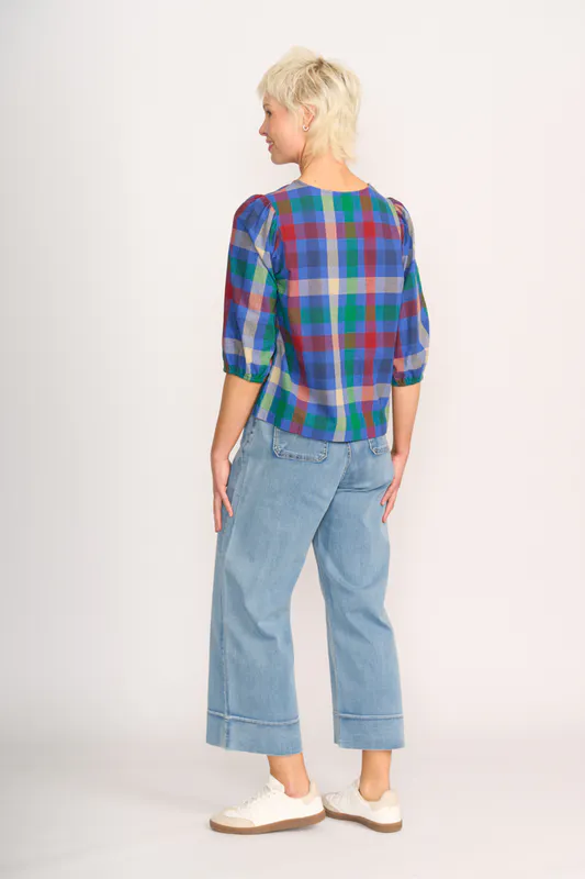 Model wearing Blue Check Top - Volume Sleeve, V Neck By Memo Available at Beetees Nelson