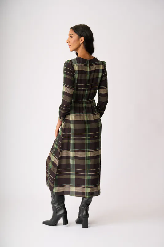 Model wearing Sage Check Gathered Detail Maxi Dress By Foil Available at Beetees Nelson