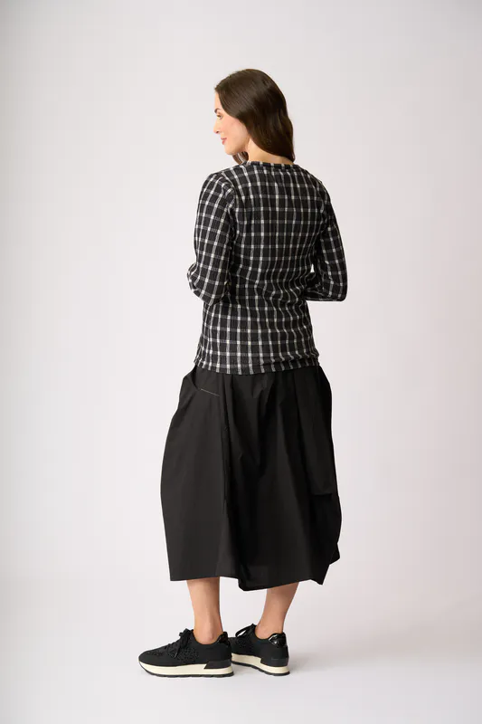 Model wearing Black Check Velveteen Top By Memo Available at Beetees Nelson