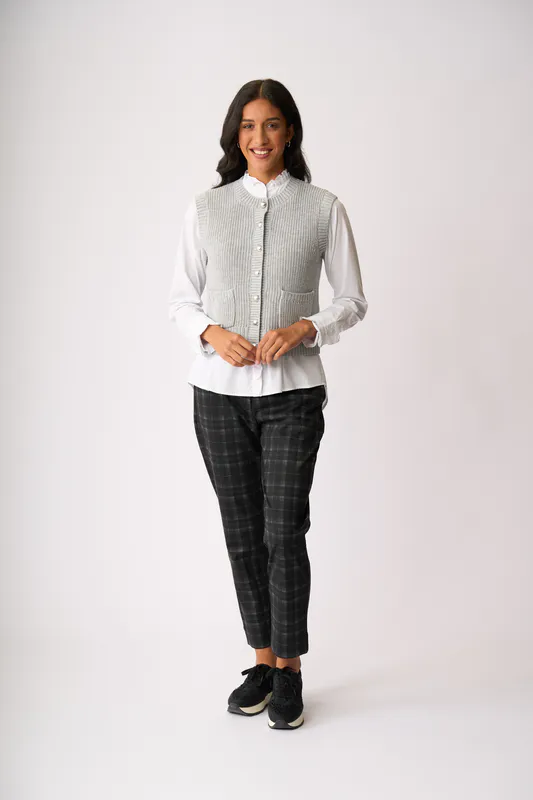 Model wearing Silver Marle Cable Knit Detail Cardigan By Foil Available at Beetees Nelson