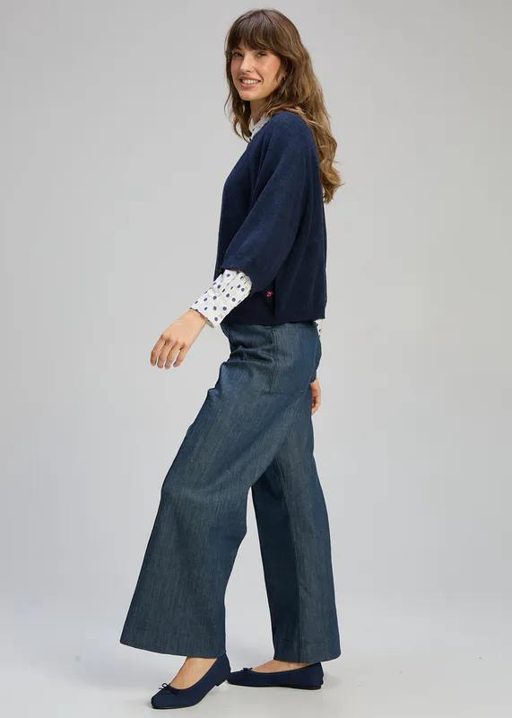 Model wearing Dark Denim Boxy Crew Essential By Zaket & Plover Available at Beetees Nelson