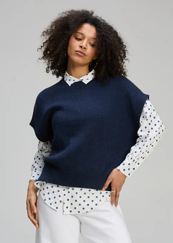 Model wearing Dark Denim Sleeveless Crew Essential By Zaket & Plover Available at Beetees Nelson