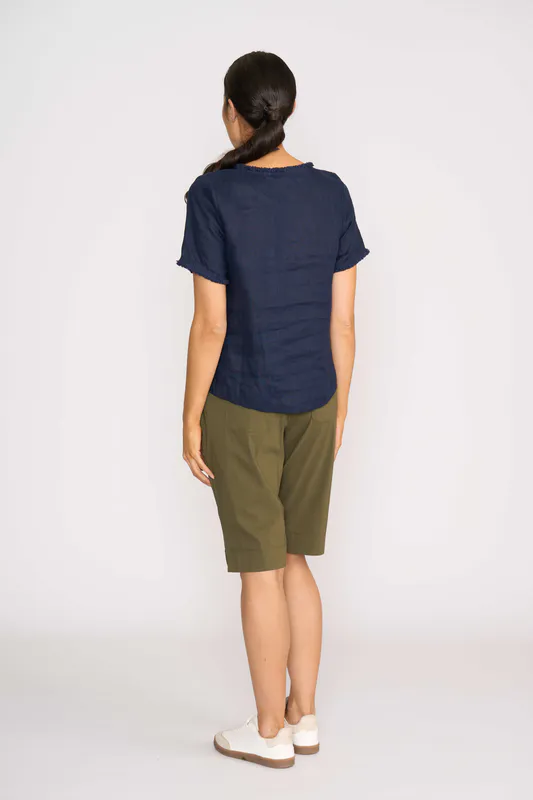 Model wearing Midnight V Benefits Top By Foil Available at Beetees Nelson