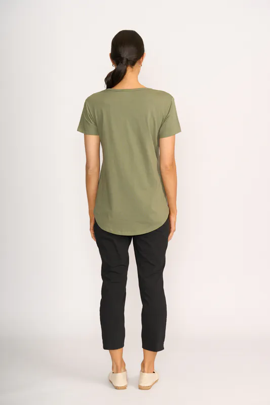 Model wearing Sage Tee - Everyday V Neck By Esplanade Available at Beetees Nelson