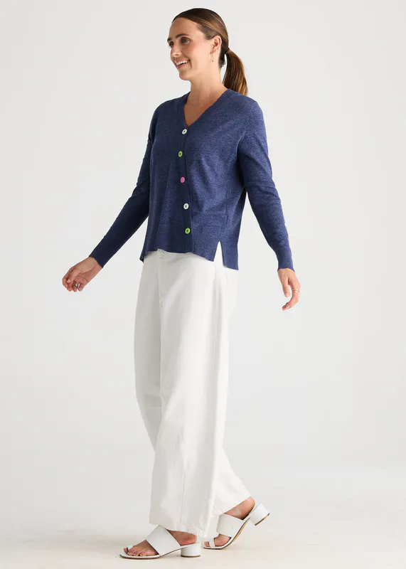 Model wearing Denim Button Angle Top By Zaket & Plover Available at Beetees Nelson