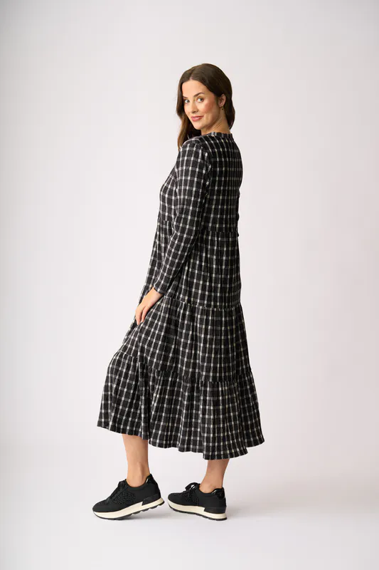 Model wearing Check Velveteen Dress By Memo Available at Beetees Nelson