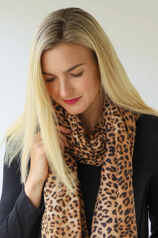 Camel/Black Leopard Print Scarf By Archer House Available at Beetees Nelson