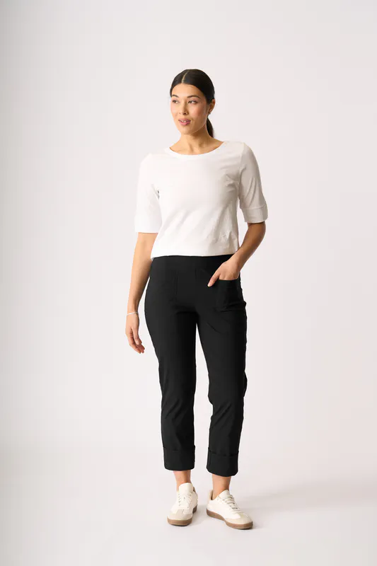 Model wearing White Tee - Wide Neck, Elbow Sleeve By Esplanade Available at Beetees Nelson