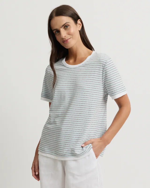 Model wearing Mist Stripe Marais Tee By Yarra Trail Available at Beetees Nelson