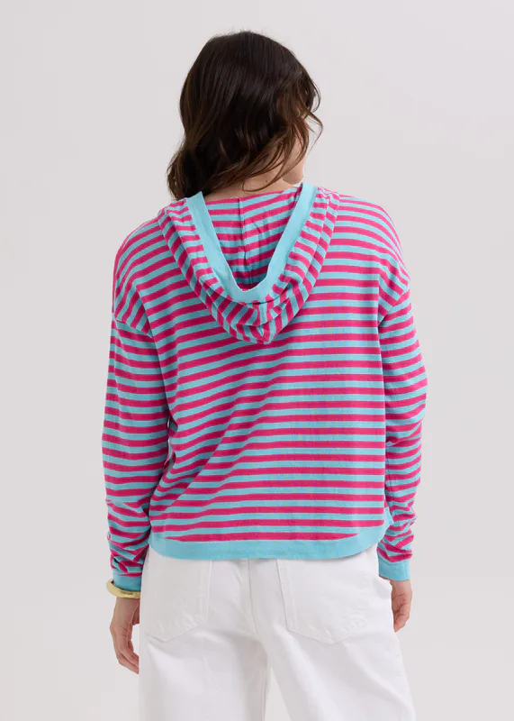 Model wearing Aqua Multi Stripe Hoodie By LD + CO Available at Beetees Nelson