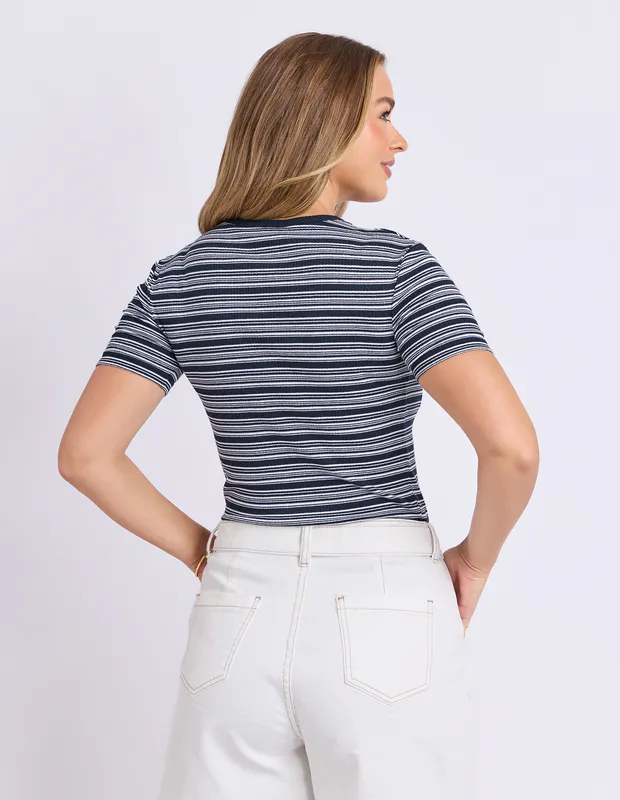 Model wearing Navy Leona Rib Top By Foxwood Available at Beetees Nelson