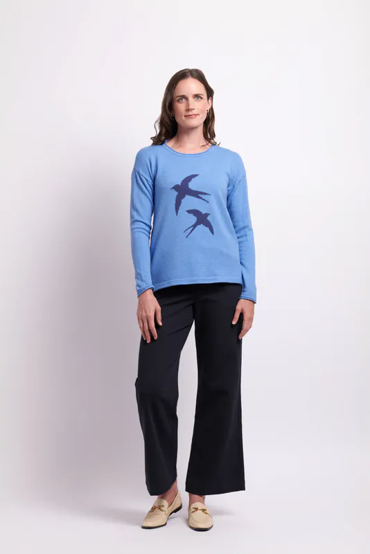 Model wearing Blue Birds New Ideas Sweater By Memo Available at Beetees Nelson