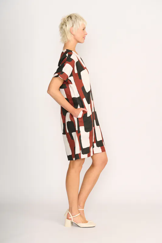 Model wearing Spice Box Contrast Facing Shift Dress By Preen Available at Beetees Nelson