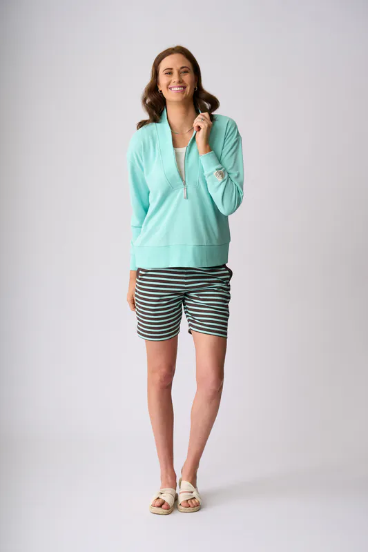 Model wearing Seabreeze Flaxton 1/2 Zip Sweat By Charlie Jane Available at Beetees Nelson