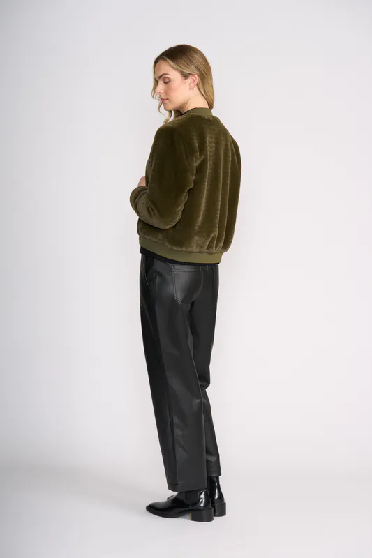 Model wearing Khaki Fur Sure Aviator Jacket By Foil Available at Beetees Nelson