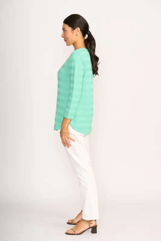 Model wearing Mint Jumper - Stripe Scoop By Foil Available at Beetees Nelson