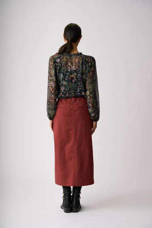 Model wearing Namia Shirred Yoke Blouse By Memo Available at Beetees Nelson