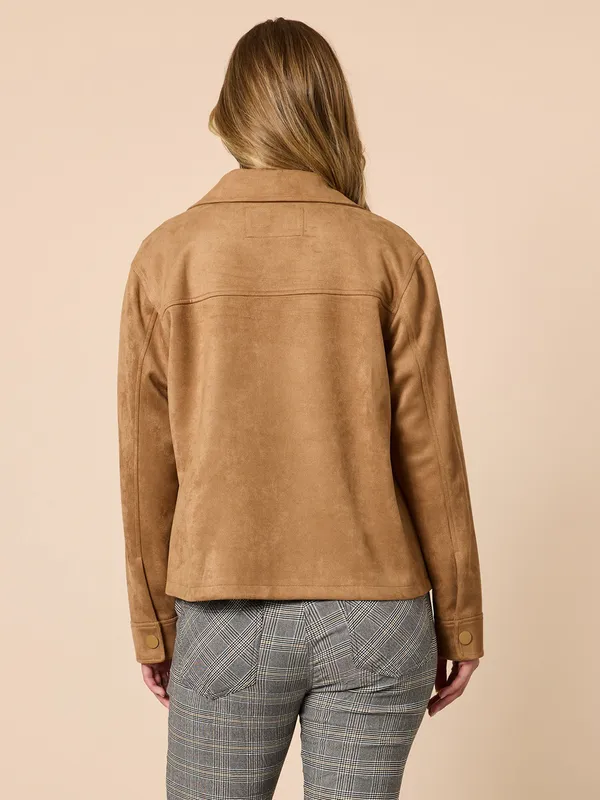 Model wearing Caramel Downtown Suede Jacket By Threadz Available at Beetees Nelson
