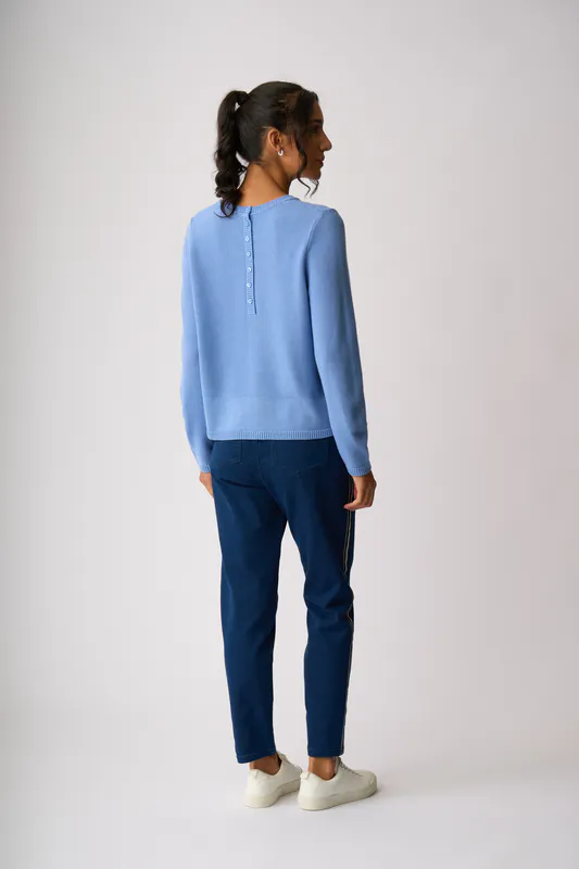 Model wearing Light Blue Placket Detail Jumper By Foil Available at Beetees Nelson