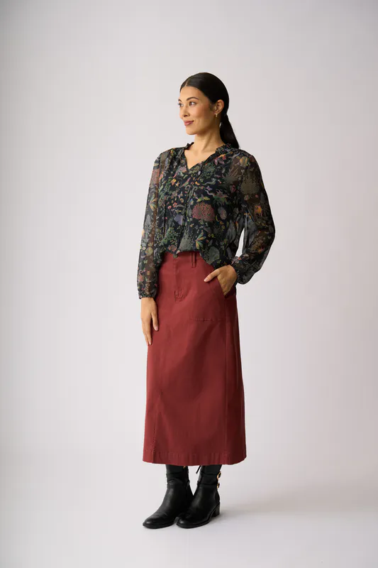 Model wearing Namia Shirred Yoke Blouse By Memo Available at Beetees Nelson