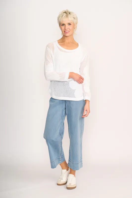 Model wearing White Make My Daisy Sweater By Foil Available at Beetees Nelson